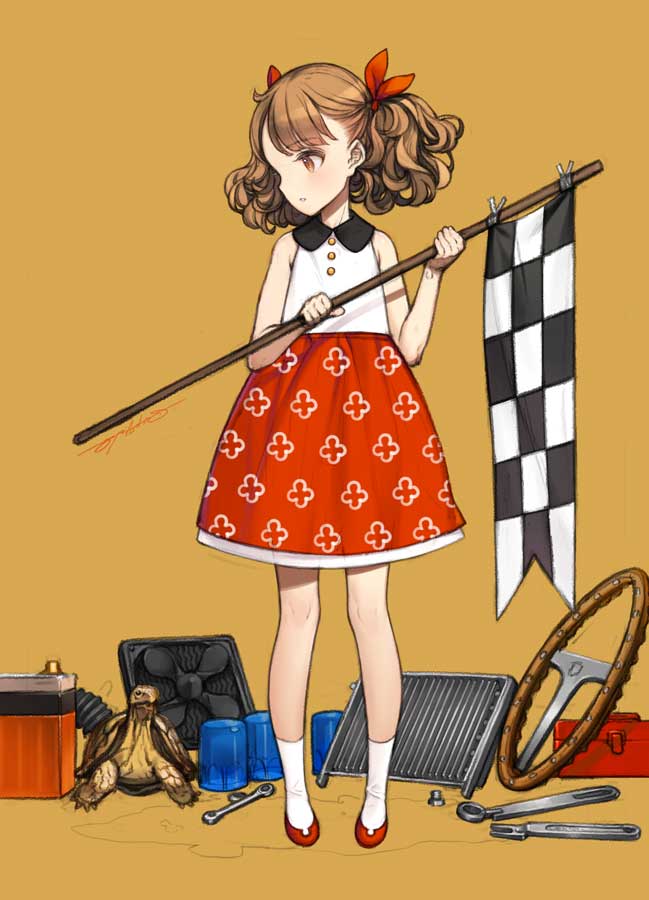 1girl bare_shoulders blush brown_background brown_eyes brown_hair commentary_request dress flag full_body hair_ribbon holding holding_flag medium_hair original oyari_ashito parted_lips print_dress red_ribbon ribbon simple_background sleeveless sleeveless_dress solo steering_wheel toolbox turtle wavy_hair wrench