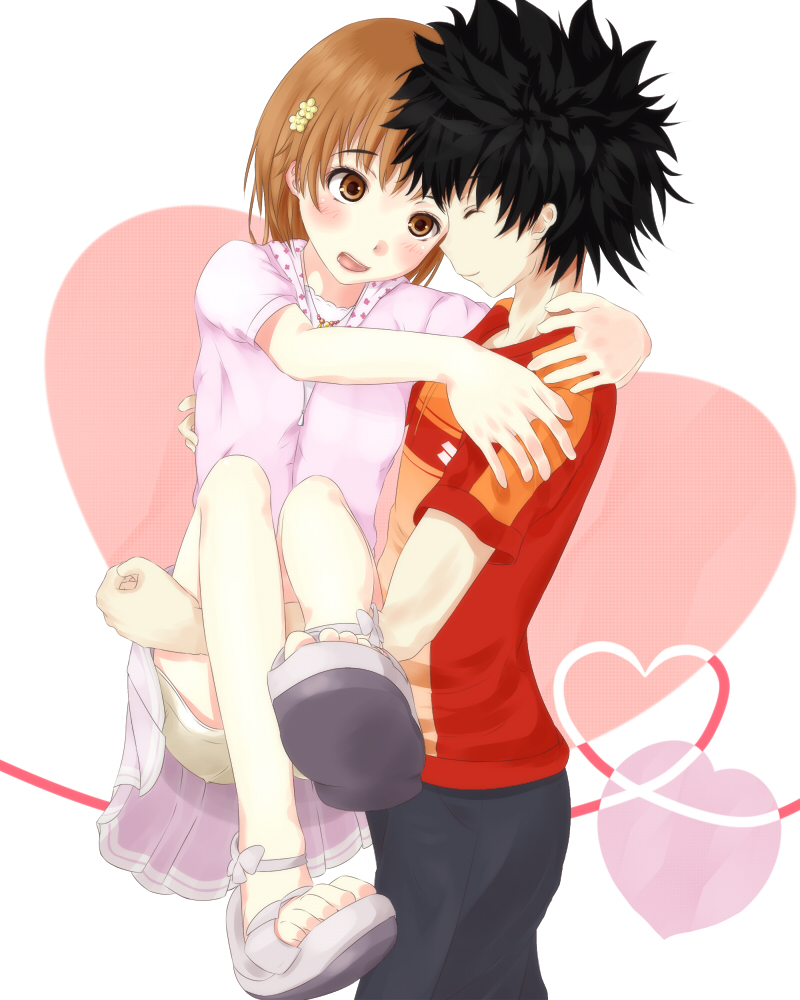 1boy 1girl bare_arms black_hair blush brown_eyes brown_hair carrying carrying_person closed_eyes closed_mouth commentary_request couple feet_out_of_frame flower from_side full_body grey_pants hair_flower hair_ornament heart heart_background hood hood_down hoodie kamijou_touma looking_at_another medium_hair miniskirt misaka_mikoto mismatched_eyebrows open_mouth orange_shirt pants pink_background pink_hoodie pink_skirt pleated_skirt princess_carry sandals shin_(highest1192) shirt short_hair short_shorts short_sleeves shorts shorts_under_skirt skirt spiky_hair teeth toaru_majutsu_no_index toaru_majutsu_no_index:_new_testament tongue upper_teeth_only walking white_shorts