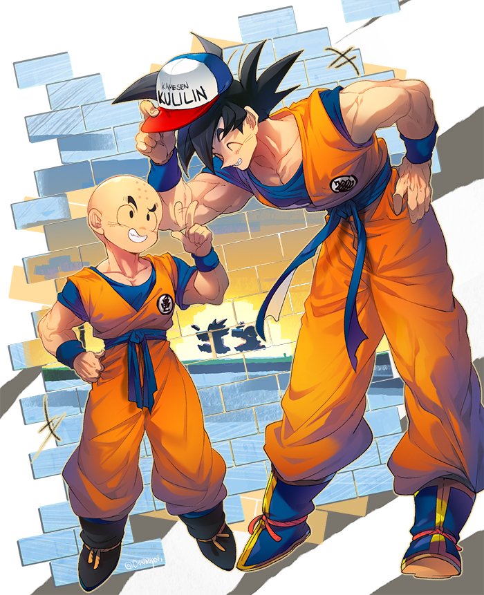 +++ 2boys ^_^ afterimage baggy_pants bald baseball_cap bent_over biceps black_eyes black_footwear black_hair blue_footwear blue_sash blue_shirt blue_wristband boots character_name closed_eyes collarbone dougi dragon_ball dragon_ball_z finger_wagging grin hand_on_own_hip hand_up hat index_finger_raised kuririn looking_at_another male_focus motion_lines multiple_boys muscular muscular_male ommmyoh orange_pants pants sash shirt short_sleeves smile son_goku spiky_hair standing teeth v-shaped_eyebrows white_background wristband