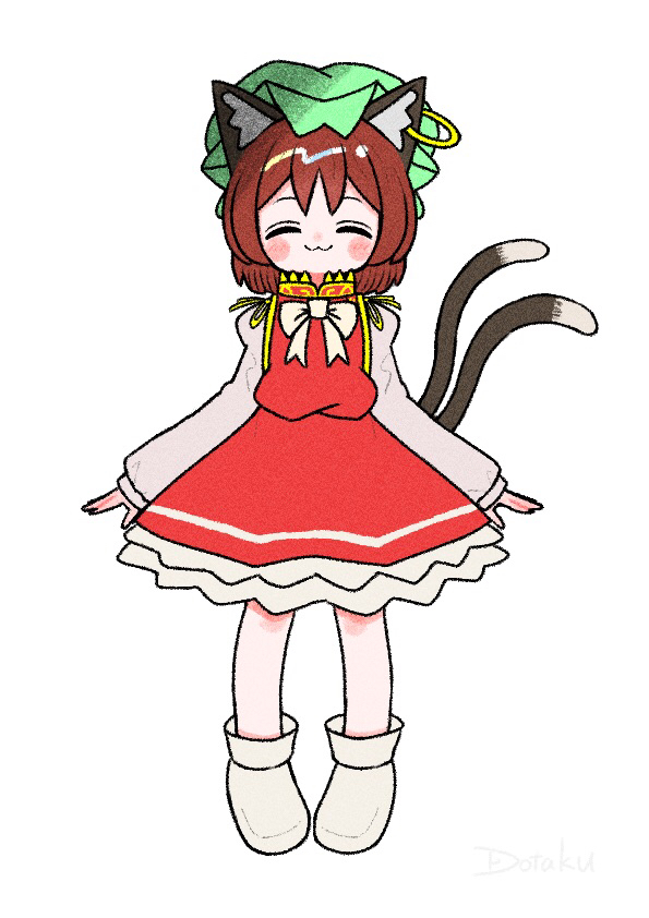 1girl animal_ear_fluff animal_ears blush_stickers boots bow bowtie brown_hair cat_ears cat_tail chen closed_eyes dotaku_(wran8845) earrings facing_viewer full_body happy hat jewelry long_sleeves mob_cap multiple_tails nekomata puffy_long_sleeves puffy_sleeves red_skirt red_vest short_hair simple_background single_earring skirt skirt_set solo tail touhou two_tails vest white_background white_bow white_bowtie