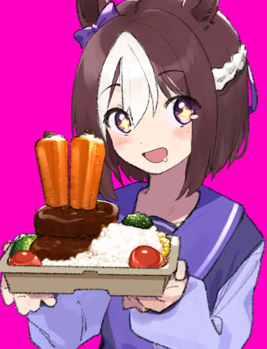 +_+ 1girl animal_ears bento blush broccoli carrot ear_bow hamburger_steak holding_bento horse_ears long_sleeves looking_at_viewer michia_(bourgognepony) multicolored_hair open_mouth purple_shirt rice sailor_collar saliva shirt short_hair simple_background solo special_week_(umamusume) tomato two-tone_hair umamusume upper_body violet_eyes