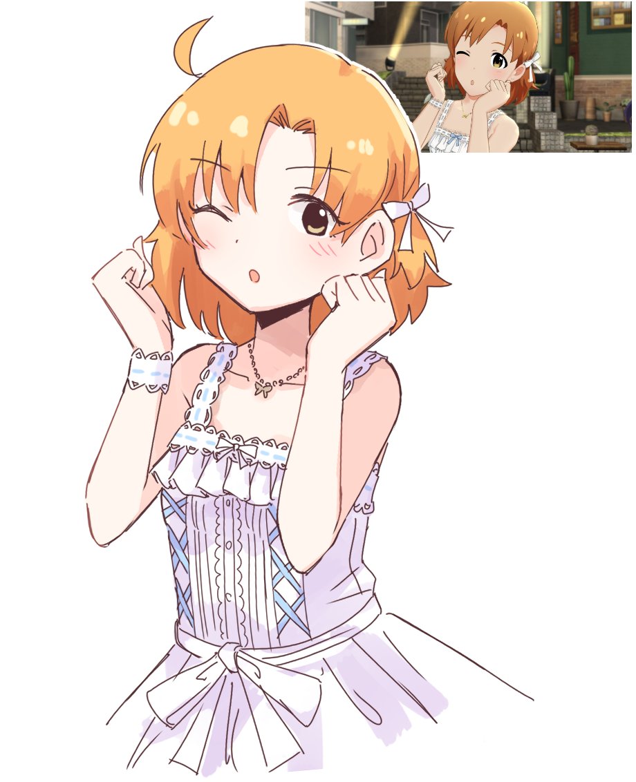 1girl ;o ahoge blush collarbone cowboy_shot derivative_work dress frills game_screenshot hair_ribbon idol idolmaster idolmaster_million_live! idolmaster_million_live!_theater_days jewelry necklace one_eye_closed open_mouth orange_eyes orange_hair ribbon screencap_redraw short_hair sketch solo takoyaki_oisiii white_background white_dress wrist_cuffs yabuki_kana