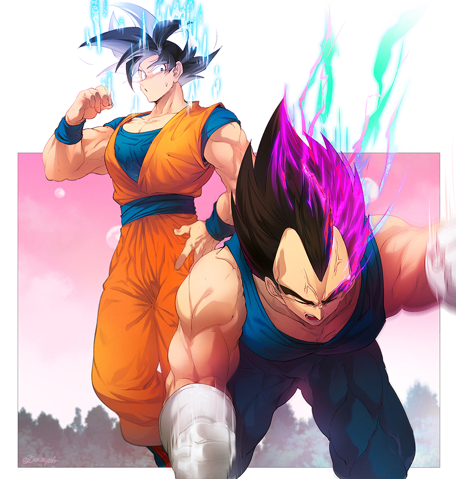 2boys :o all_fours artist_name bare_shoulders biceps black_eyes black_hair blue_bodysuit blue_sash blue_shirt blue_wristband bodysuit clenched_hands closed_eyes collarbone dougi dragon_ball dragon_ball_super energy hand_up looking_at_another male_focus motion_blur motion_lines multiple_boys muscular muscular_male ommmyoh open_mouth orange_pants pants pectorals pink_sky purple_hair sash shirt short_sleeves signature sky sleeveless sleeveless_bodysuit son_goku spiky_hair standing sweatdrop teeth tree twitter_username ultra_ego_(dragon_ball) ultra_instinct v-shaped_eyebrows vegeta veins white_background wristband