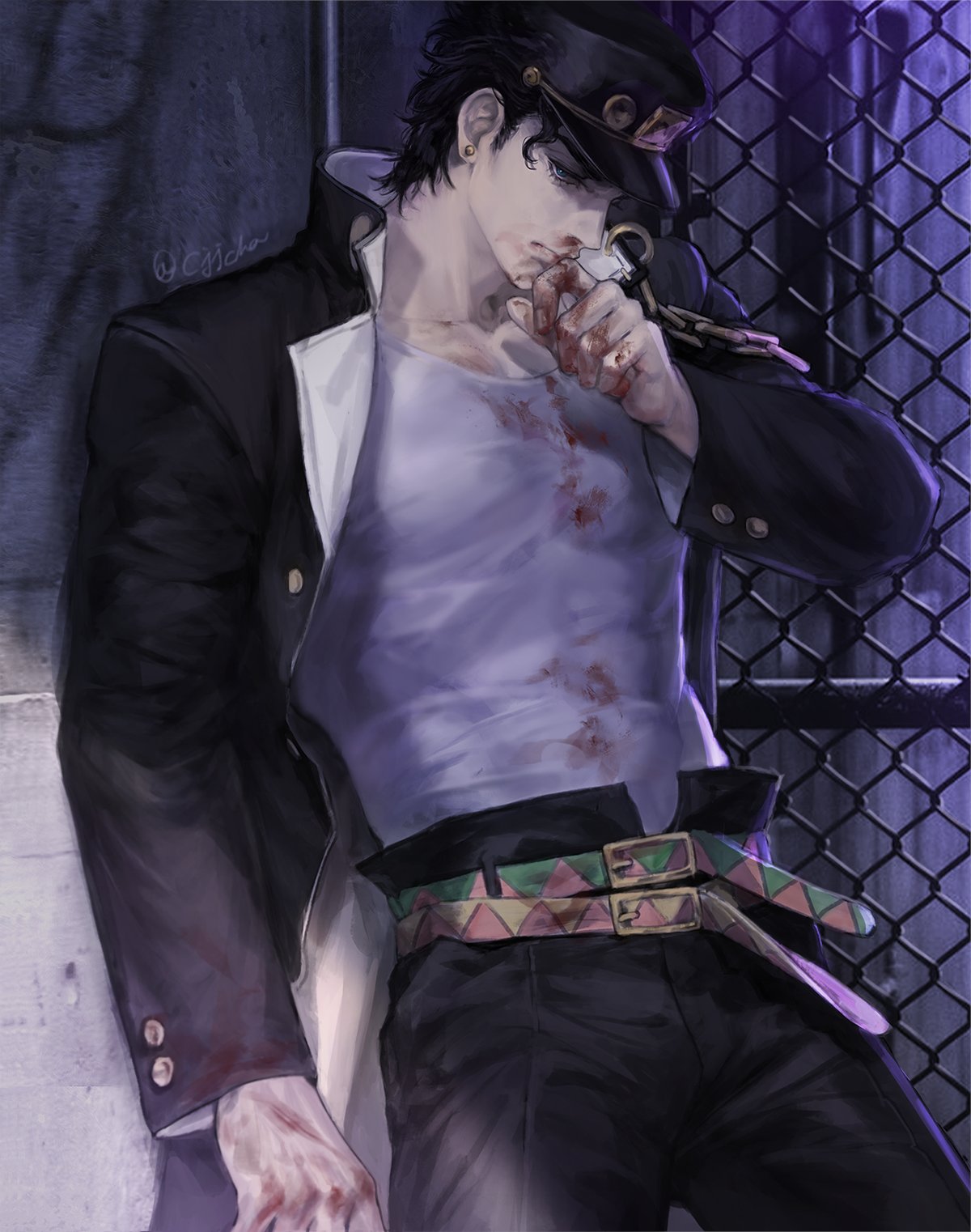 1boy black_hair black_jacket black_pants blood blood_on_clothes blood_on_hands blue_eyes chain chain-link_fence cjjcha cowboy_shot earrings fence gold_chain gold_trim hand_to_own_mouth hand_up hat high_collar highres jacket jewelry jojo_no_kimyou_na_bouken kujo_jotaro long_sleeves looking_down male_focus muscular muscular_male pants shirt short_hair solo stardust_crusaders white_shirt