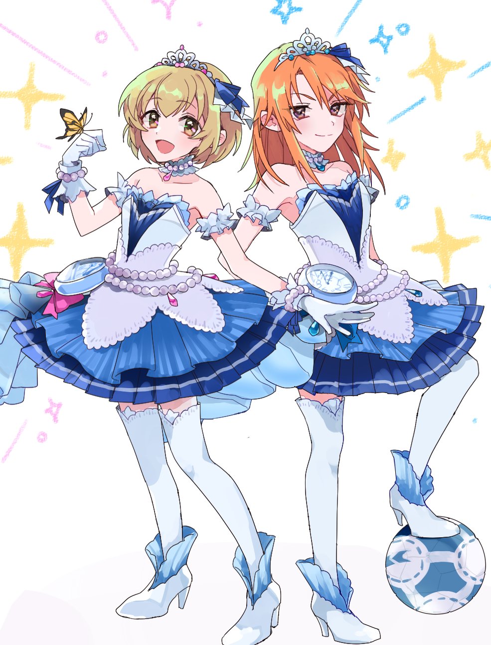 2girls armband ball bare_shoulders blonde_hair blue_ribbon blue_skirt bracelet breasts brown_eyes bug butterfly butterfly_on_hand choker clock collarbone commentary_request dress full_body gem gloves hair_between_eyes hand_up hands_on_own_hips high_heels highres idolmaster idolmaster_cinderella_girls idolmaster_cinderella_girls_u149 jewelry koga_koharu lace-trimmed_dress lace_trim layered_skirt light_blush looking_at_viewer medium_hair mochino multiple_girls open_mouth orange_hair pearl_bracelet ribbon short_hair sidelocks skirt small_breasts smile soccer_ball sparkle standing starry_sky_bright_(idolmaster) strapless strapless_dress thigh-highs tiara v-shaped_eyebrows white_background white_choker white_dress white_footwear white_gloves white_thighhighs yellow_eyes yuuki_haru