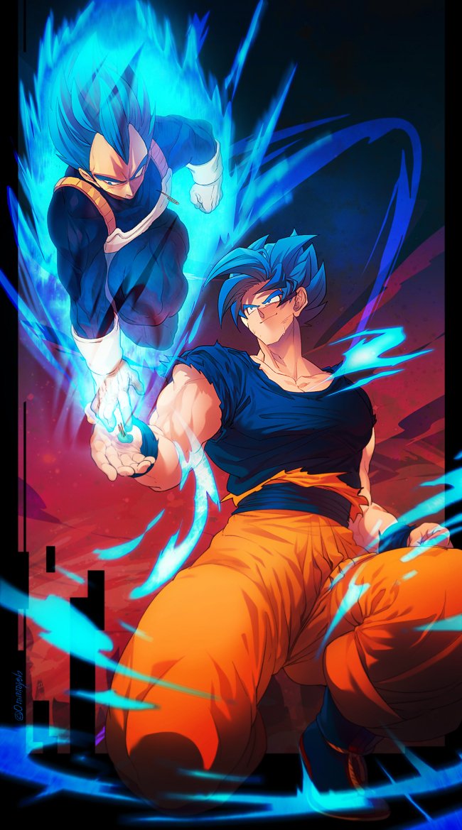 2boys armor artist_name aura biceps black_border blue_bodysuit blue_eyes blue_footwear blue_hair blue_shirt blue_wristband bodysuit boots border closed_mouth collarbone dougi dragon_ball dragon_ball_super energy gloves hand_up looking_at_another male_focus multiple_boys muscular muscular_male ommmyoh on_one_knee orange_pants pants saiyan_armor shirt short_sleeves signature smile smirk son_goku spiky_hair super_saiyan super_saiyan_blue torn_clothes twitter_username v-shaped_eyebrows vegeta white_gloves widow's_peak wristband