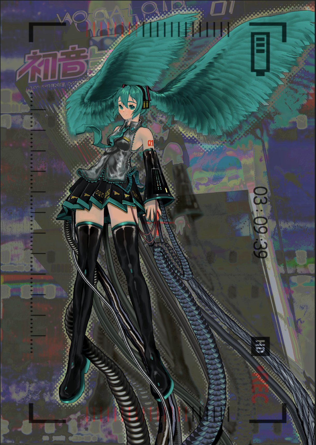 1girl aqua_eyes aqua_hair battery_indicator blurry blurry_background boots detached_sleeves distortion from_below grey_shirt hair_wings hatsune_miku highres miniskirt n00dlesandwitch nail_polish necktie recording shirt shoulder_tattoo skirt smile solo surreal tattoo thigh-highs thigh_boots twintails viewfinder vocaloid