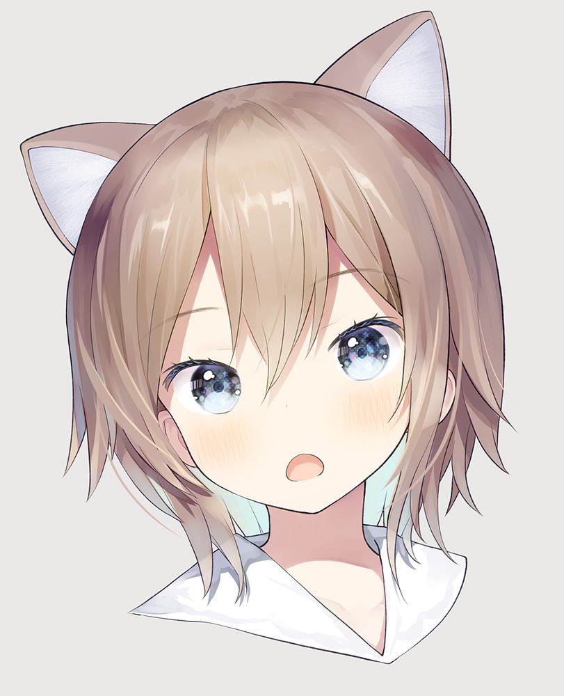 1girl animal_ears blue_eyes brown_hair capriccio cat_ears collarbone commentary_request grey_background hair_between_eyes looking_at_viewer open_mouth original portrait sailor_collar simple_background solo white_sailor_collar