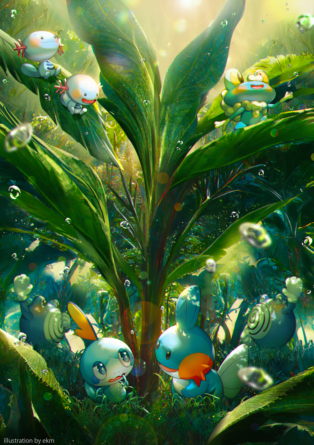 :d blue_eyes blurry bright_pupils closed_mouth commentary_request day ekm froakie grass highres mudkip no_humans outdoors plant pokemon pokemon_(creature) poliwhirl smile sobble water_drop watermark wooper