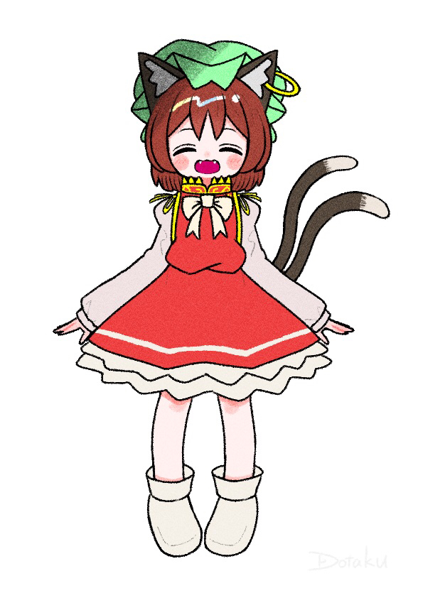 1girl :d animal_ear_fluff animal_ears blush_stickers boots bow bowtie brown_hair cat_ears cat_tail chen closed_eyes dotaku_(wran8845) earrings facing_viewer fangs full_body happy hat jewelry long_sleeves mob_cap multiple_tails nekomata open_mouth puffy_long_sleeves puffy_sleeves red_skirt red_vest short_hair simple_background single_earring skirt skirt_set smile solo tail touhou two_tails vest white_background white_bow white_bowtie
