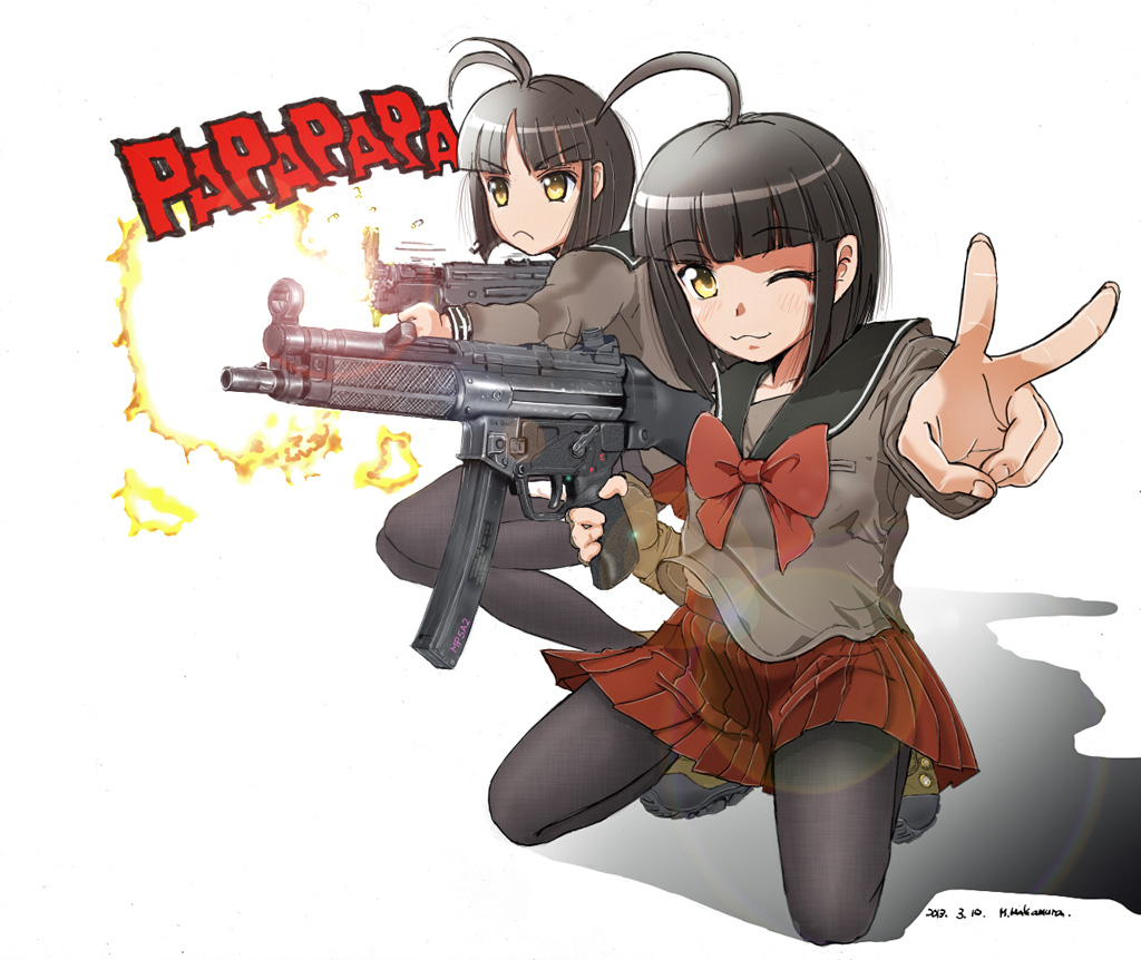 1girl :&lt; ahoge artist_name black_hair black_pantyhose black_sailor_collar blunt_bangs blunt_ends bow bowtie breast_pocket brown_footwear casing_ejection closed_mouth commentary_request dated dual_persona fingernails firing foreshortening frown grey_serafuku gun h&amp;k_mp5 h&amp;k_mp5k heckler_&amp;_koch holding holding_gun holding_weapon kneeling long_sleeves looking_ahead looking_at_viewer mp5_(upotte!!) muzzle_flash nakamura_3sou one_eye_closed pantyhose parted_bangs partial_commentary pleated_skirt pocket red_bow red_bowtie red_skirt sailor_collar school_uniform serafuku shadow shell_casing short_hair simple_background single_stripe skirt sleeve_cuffs sound_effects submachine_gun upotte!! v vertical_foregrip wavy_mouth weapon white_background white_stripes yellow_eyes