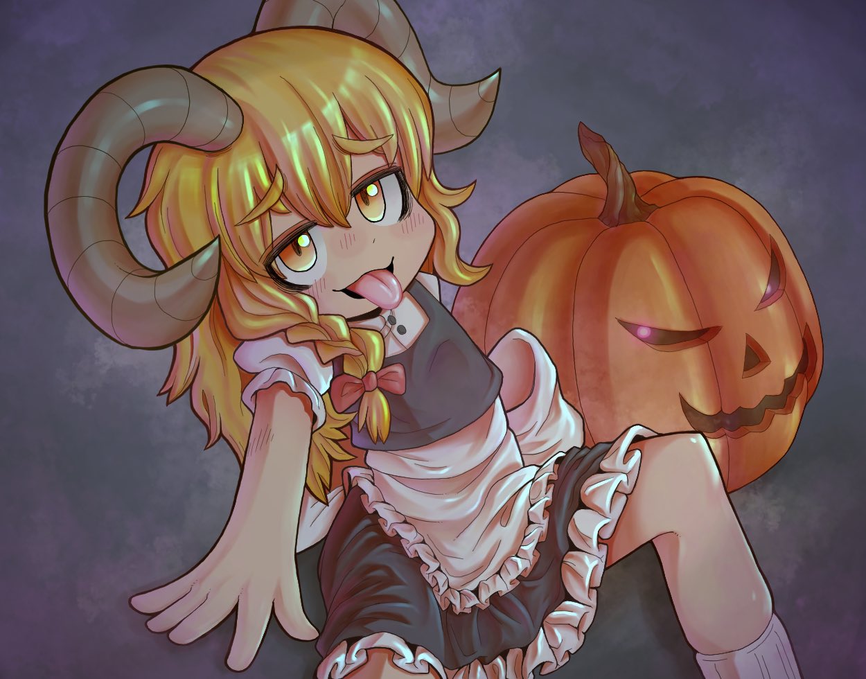 1boy apron black_skirt black_vest blonde_hair blush bow braid brown_horns buttons commentary_request cookie_(touhou) drddrddo feet_out_of_frame frilled_apron frilled_skirt frills genderswap genderswap_(ftm) hair_between_eyes hair_bow horns jack-o'-lantern kirisame_marisa long_bangs long_hair looking_at_viewer male_focus no_headwear open_mouth otoko_no_ko puffy_short_sleeves puffy_sleeves pumpkin rei_(cookie) sheep_horns shirt short_sleeves side_braid single_braid sitting skirt skirt_set smile solo tongue tongue_out touhou vest waist_apron white_apron white_shirt yellow_eyes