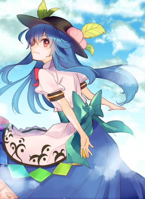 1girl black_headwear blue_bow blue_hair blue_skirt blue_sky bow clouds cloudy_sky commentary_request food from_behind fruit hat hinanawi_tenshi leaf long_hair looking_back makuwauri outdoors peach puffy_short_sleeves puffy_sleeves rainbow_gradient red_bow red_eyes shirt short_sleeves skirt sky solo touhou white_shirt