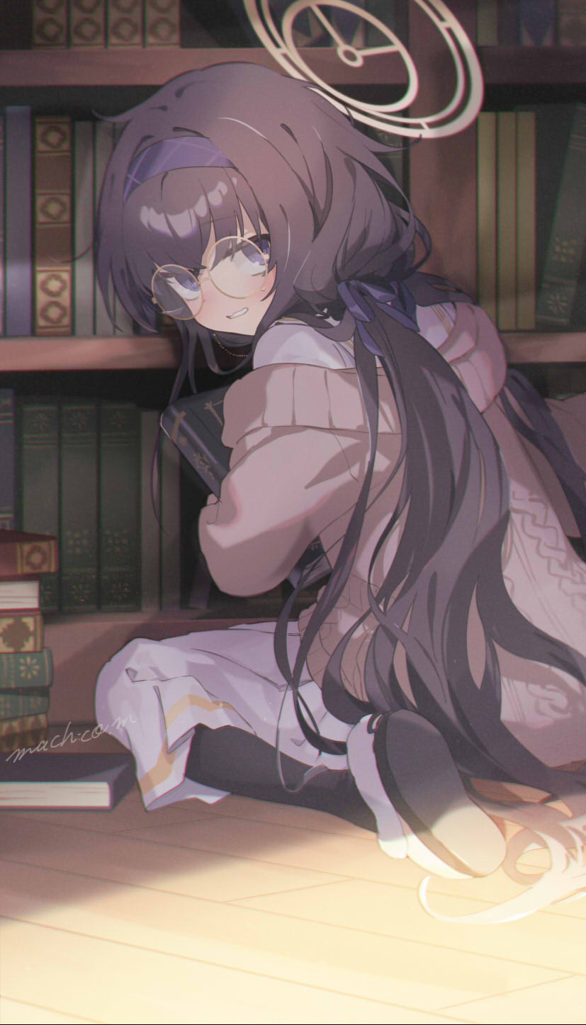 1girl artist_name bags_under_eyes black_hair black_pantyhose blue_archive blue_hairband blue_ribbon blush book bookshelf cardigan commentary from_behind glasses grin hair_ribbon hairband halo highres holding holding_book indoors jitome library long_hair long_skirt looking_at_viewer low_twintails machico_maki on_floor pantyhose pile_of_books pleated_skirt ribbon round_eyewear shirt signature sitting skirt slippers smile solo twintails ui_(blue_archive) very_long_hair wariza white_shirt white_skirt wooden_floor