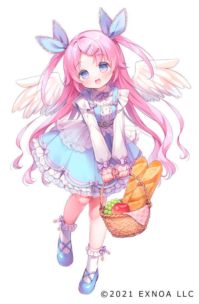 1girl angelic_link apple baguette basket blue_dress blue_eyes blue_footwear blue_ribbon bobby_socks bow bread character_request commentary_request dress feathered_wings food frilled_dress frilled_socks frills fruit grapes hair_ornament hair_ribbon hairclip holding holding_basket long_hair long_sleeves official_art pink_hair puffy_long_sleeves puffy_sleeves purple_bow red_apple ribbon shirt shoes simple_background sleeveless sleeveless_dress sleeves_past_wrists socks solo swept_bangs two_side_up usashiro_mani very_long_hair white_background white_shirt white_socks white_wings wings
