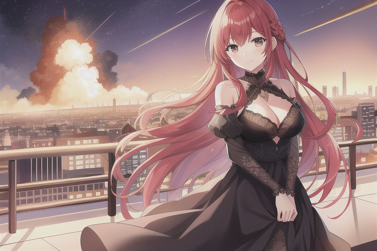 background beautiful big_breasts black_dress brown_eyes city dress long_hair long_sleeves looking_at_viewer necklace redhead shy sky visible_ears