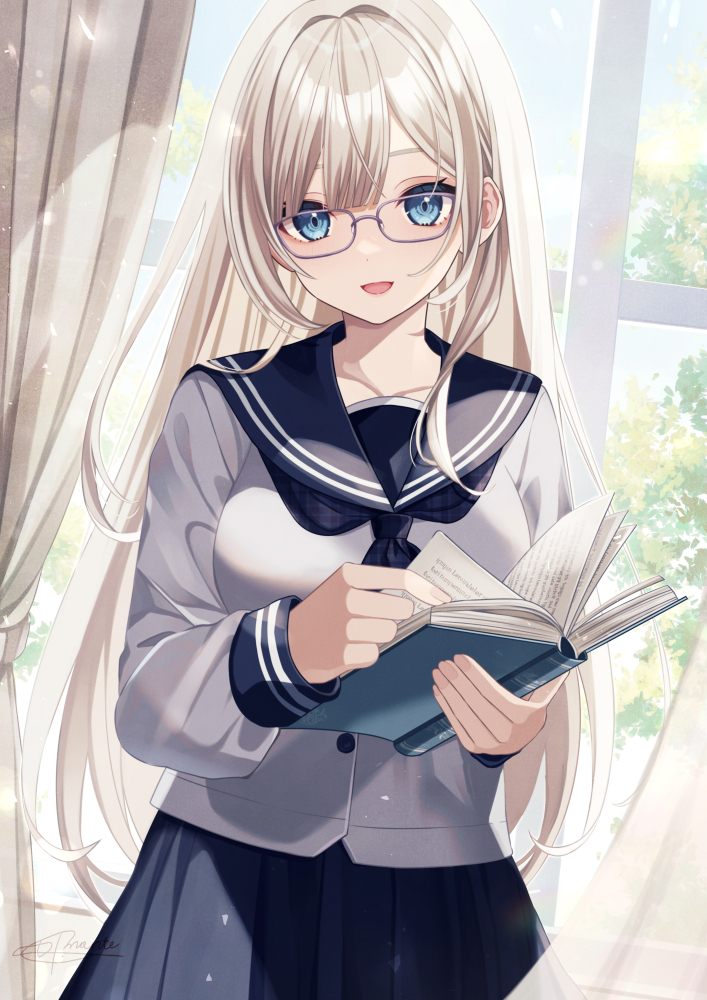1girl :d black_neckerchief black_sailor_collar black_skirt blue_eyes blunt_bangs book breasts buttons collarbone commentary cowboy_shot curtains day fingernails foliage glasses grey-framed_eyewear grey_serafuku hachimitsu_monte holding holding_book indoors large_breasts light_brown_hair long_hair long_sleeves looking_at_viewer muntins neckerchief open_book open_mouth original pleated_skirt sailor_collar school_uniform serafuku signature skirt sleeve_cuffs smile solo turning_page white_stripes window