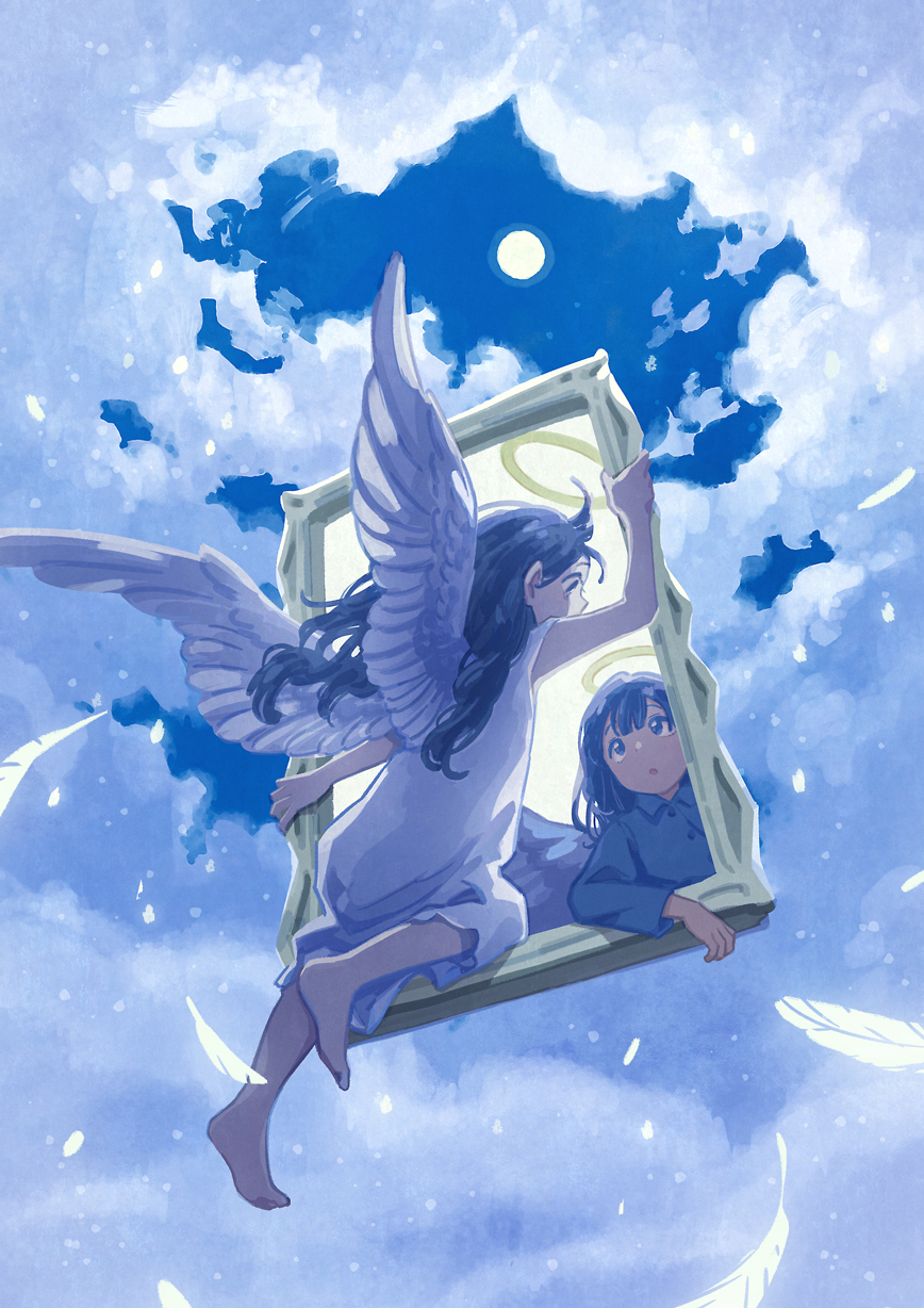 2girls :o angel angel_wings arm_rest arm_support arm_up backlighting bare_arms barefoot black_hair blue_eyes blue_pajamas blue_shirt blue_sky blue_theme blunt_bangs clouds cloudy_sky collared_shirt covered_mouth dot_nose dress_shirt empty_picture_frame eye_contact falling_feathers fantasy feathered_wings feathers floating_hair from_behind full_body full_moon hair_behind_ear halo highres light_particles long_hair long_sleeves looking_at_another looking_up monaka_(siromona) moon multiple_girls night night_sky nightgown original outdoors outstretched_arm pajamas parted_lips picture_frame profile scenery shirt sky sleeveless swept_bangs tareme upper_body wavy_hair white_feathers white_nightgown white_wings wind wing_collar wings