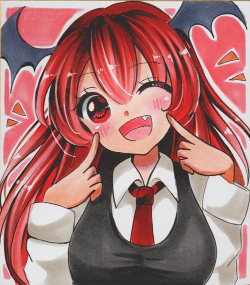 1girl black_vest blush breasts collared_shirt hair_between_eyes head_tilt head_wings koakuma long_hair looking_at_viewer maccha_xxxxxx marker_(medium) medium_breasts necktie one_eye_closed open_mouth red_background red_eyes red_necktie redhead shirt simple_background solo touhou traditional_media upper_body vest white_shirt wings