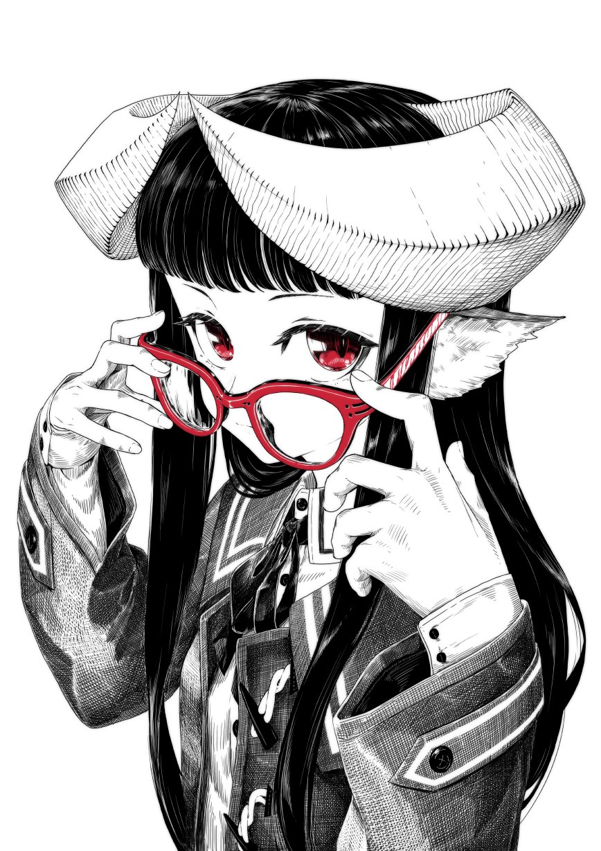 1girl animal_ears black_hair bolo_tie buttoned_cuffs glasses highres holding holding_eyewear horned_girl_(jaco) horns jaco long_hair looking_at_viewer red-framed_eyewear red_eyes spot_color