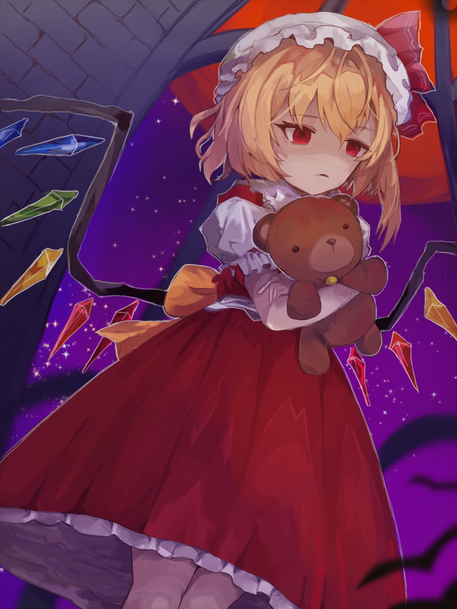 1girl blonde_hair blurry blurry_foreground crystal depth_of_field dutch_angle empty_eyes feet_out_of_frame flandre_scarlet frilled_shirt_collar frills from_below frown full_moon gloom_(expression) hat highres legs_together looking_down mob_cap moon night night_sky one_side_up parted_lips puffy_short_sleeves puffy_sleeves red_eyes red_moon red_skirt red_vest rogichange sad short_hair short_sleeves skirt skirt_set sky solo star_(sky) stuffed_animal stuffed_toy teddy_bear touhou vest wings