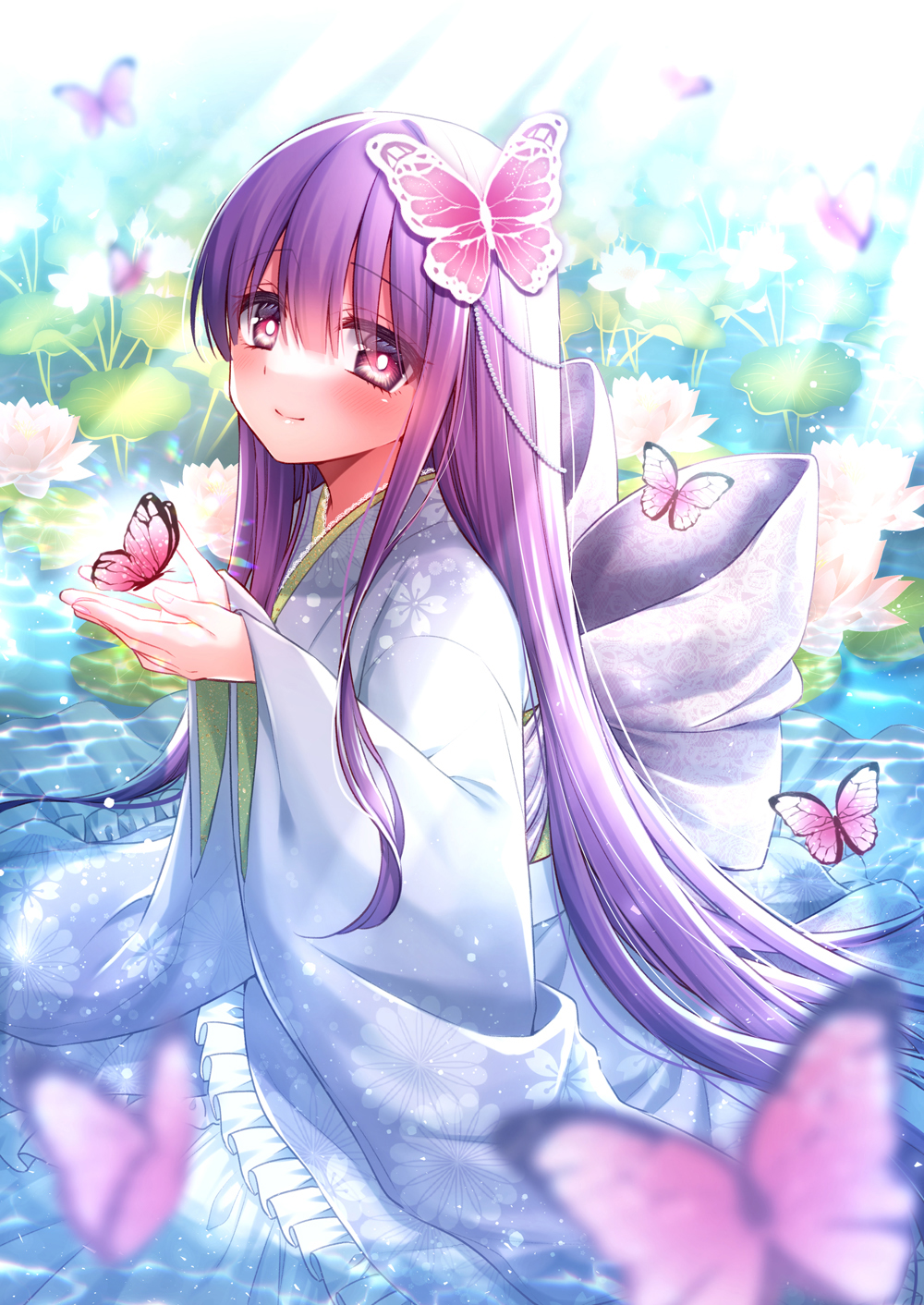 1girl animal aoshima_kanae blurry blurry_foreground blush bug butterfly butterfly_hair_ornament closed_mouth depth_of_field frilled_kimono frills grey_kimono hair_between_eyes hair_ornament hands_up highres japanese_clothes kimono long_hair long_sleeves original purple_hair red_eyes shallow_water smile solo very_long_hair water wide_sleeves