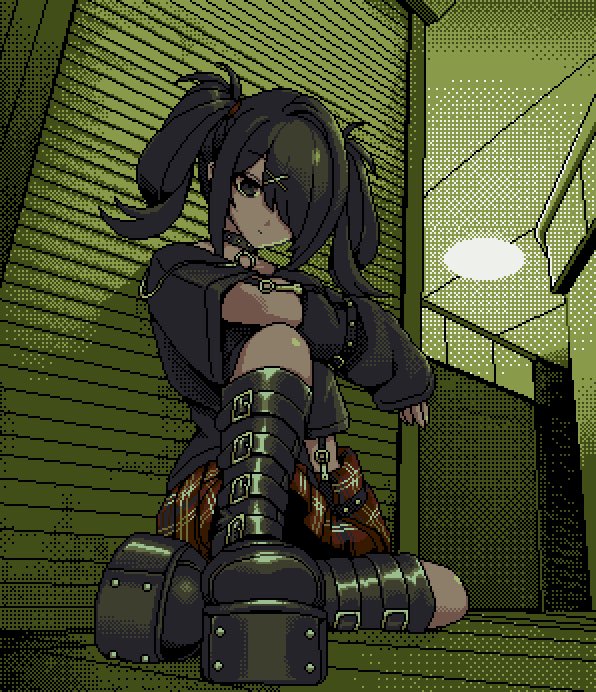 :/ against_wall alternate_costume ame-chan_(needy_girl_overdose) animal_collar arm_on_knee arm_rest asymmetrical_bangs belt black_choker black_collar black_eyes black_footwear black_hair black_shirt boots ceiling ceiling_light chain choker closed_mouth collar detached_sleeves floor foreshortening from_below full_body hair_ornament hair_over_one_eye head_tilt knee_up light looking_at_viewer looking_down medium_hair midriff midriff_peek needy_girl_overdose nyalra pixel_art plaid plaid_skirt platform_boots platform_footwear red_skirt shadow shirt sidelocks sitting skirt sleeves_past_wrists spiked_collar spikes suspender_skirt suspenders twintails wall x_hair_ornament