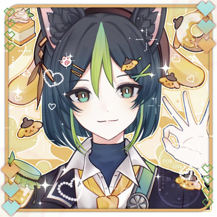 1boy :3 animal_ear_fluff animal_ears beret black_hair black_jacket blue_hair blue_shirt blunt_ends blush border brown_eyes brown_headwear cake character_hair_ornament closed_mouth collared_shirt commentary_request dog_ears doughnut earrings extra_ears food fox_ears genshin_impact gradient_hair green_eyes green_hair hair_between_eyes hair_ornament hairclip hand_up hat heart jacket jar jewelry lapels looking_at_viewer male_focus medal multicolored_background multicolored_eyes multicolored_hair necktie ok_sign open_clothes open_jacket paw_hair_ornament pompompurin sanrio shirt short_hair sidelocks single_earring smile solo sparkle tighnari_(genshin_impact) turtleneck undershirt upper_body watermark whipped_cream white_border white_shirt x_hair_ornament xiaoquantaohua yellow_background yellow_necktie