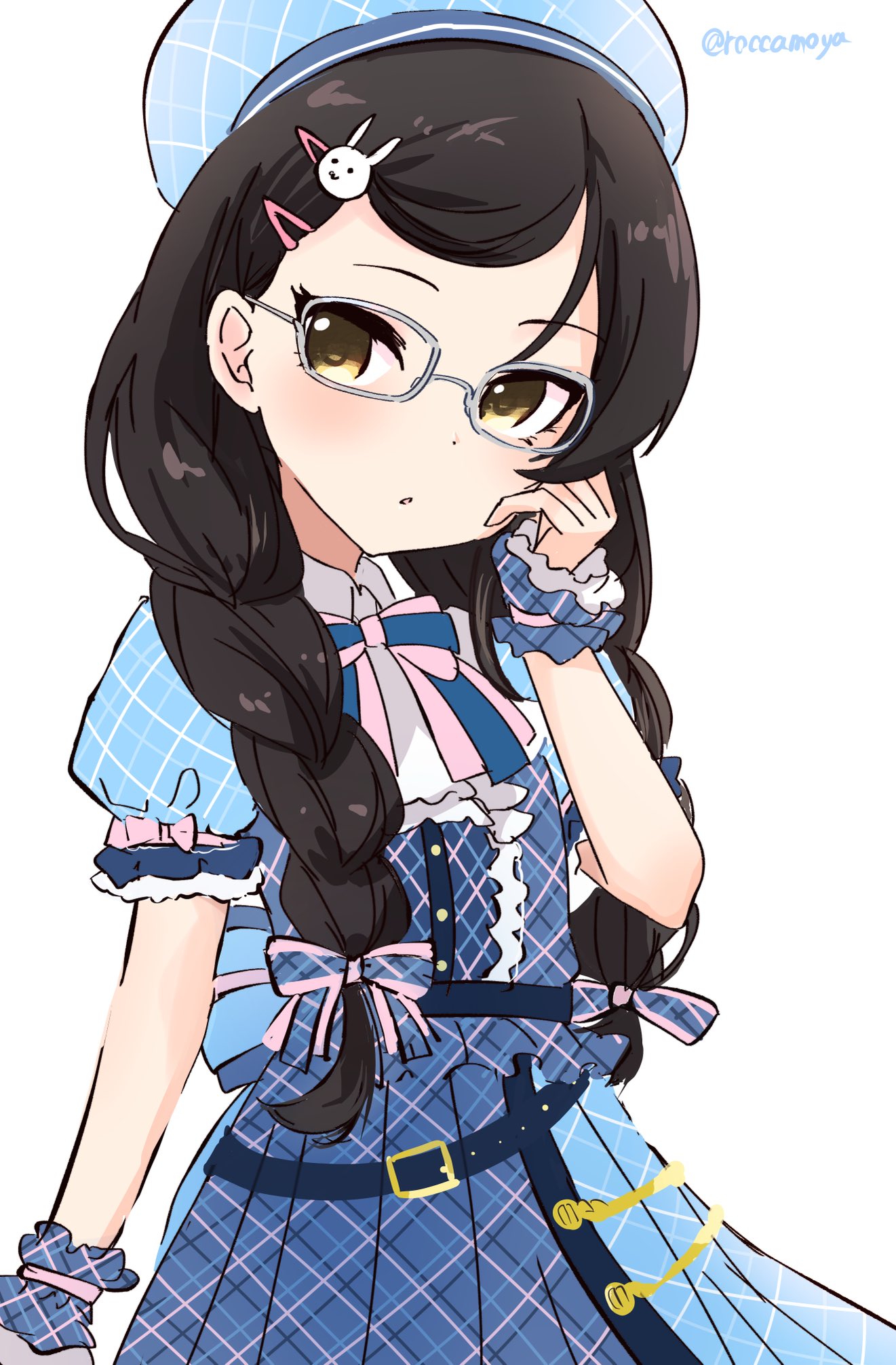 1girl alternate_hairstyle belt bespectacled black_hair blue_belt blue_dress blue_headwear blue_ribbon blush bow braid breasts dot_nose dress frilled_dress frills glasses hair_ornament hair_ribbon hairclip hand_up highres idolmaster idolmaster_cinderella_girls idolmaster_cinderella_girls_starlight_stage idolmaster_cinderella_girls_u149 long_hair looking_at_viewer low_twintails matoba_risa parted_lips plaid plaid_dress plaid_headwear plaid_ribbon puffy_short_sleeves puffy_sleeves rabbit_hair_ornament ribbon roccamoya scrunchie short_sleeves simple_background small_breasts solo twin_braids twintails twitter_username two-tone_bowtie two-tone_ribbon upper_body white-framed_eyewear white_background yellow_eyes