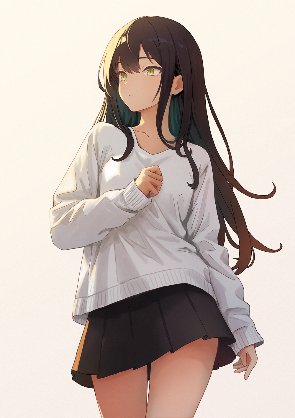 1girl bare_legs black_hair black_skirt breasts closed_mouth cowboy_shot hair_between_eyes hand_up herfstijl highres long_hair looking_ahead original pleated_skirt simple_background skirt sleeves_past_wrists small_breasts solo sweater white_background white_sweater yellow_eyes