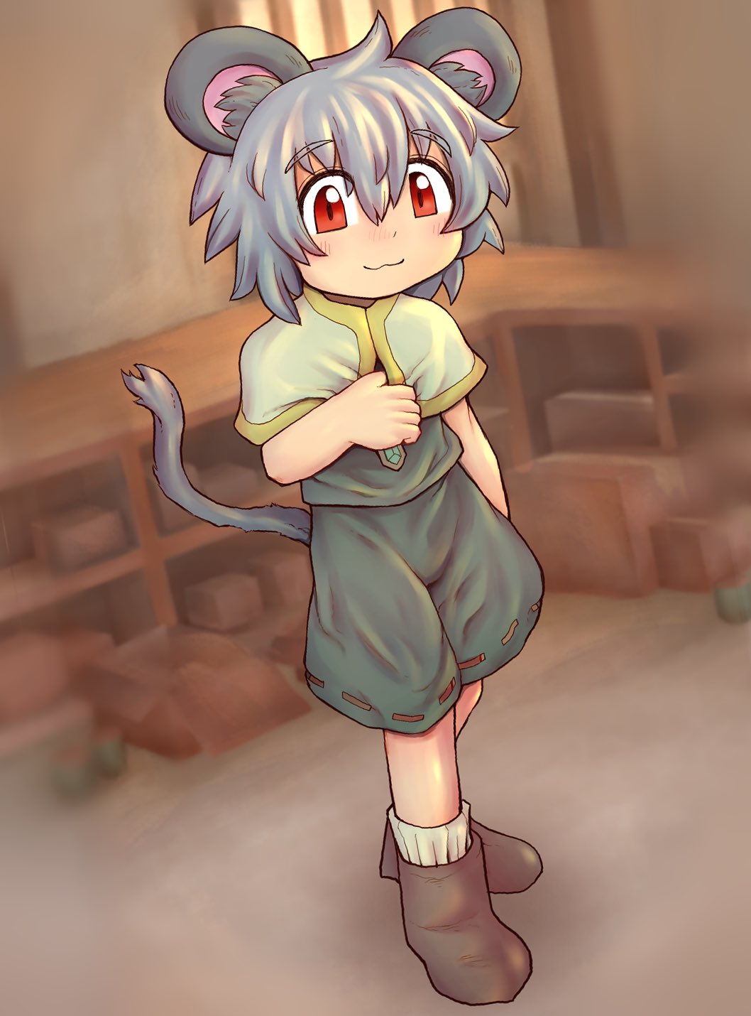 1boy :3 animal_ears blurry blurry_background blush boots box brown_footwear capelet cardboard_box closed_mouth commentary cookie_(touhou) drddrddo full_body genderswap genderswap_(ftm) grey_hair grey_shirt grey_shorts hair_between_eyes highres indoors long_bangs looking_at_viewer male_focus mouse_boy mouse_ears mouse_tail nazrin nyon_(cookie) red_eyes shelf shirt short_hair shorts smile socks solo tail touhou white_capelet white_socks