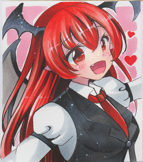 1girl bat_wings black_vest blush breasts collared_shirt fang hair_between_eyes head_wings heart juliet_sleeves koakuma long_hair long_sleeves looking_at_viewer maccha_xxxxxx marker_(medium) medium_breasts necktie open_mouth pink_background pointy_ears puffy_sleeves red_eyes red_necktie redhead shirt simple_background solo touhou traditional_media upper_body vest white_shirt wings