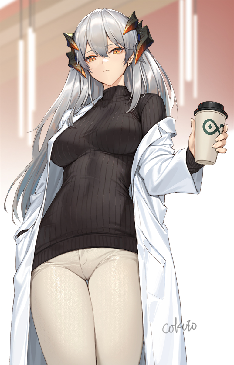 1girl alternate_costume arknights black_sweater breasts brown_pants closed_mouth coat coffee_cup cokuto1 commentary covered_navel cowboy_shot crotch_seam cup disposable_cup dragon_horns ear_piercing expressionless grey_hair hair_between_eyes hand_in_pocket highres holding holding_cup horns lab_coat large_breasts long_hair long_sleeves looking_at_viewer off_shoulder orange_eyes pants piercing rhine_lab_logo ribbed_sweater saria_(arknights) signature solo standing sweater taut_clothes thigh_gap tight_clothes tight_pants turtleneck turtleneck_sweater white_coat