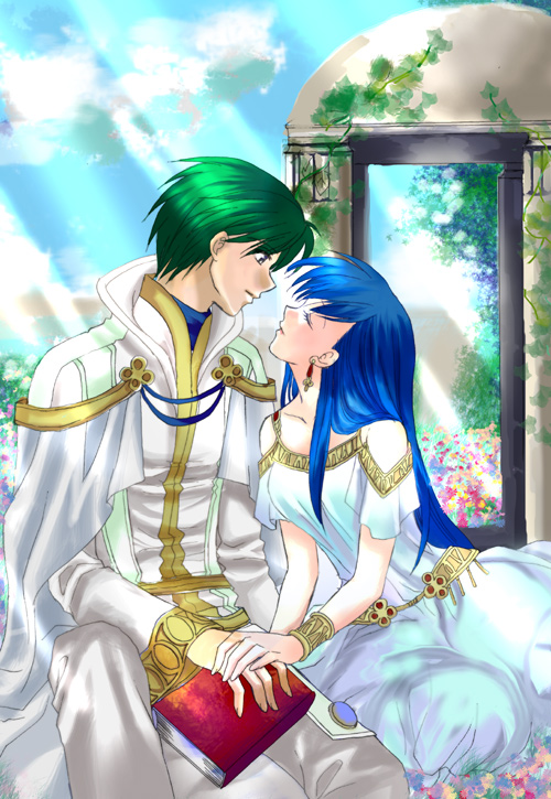 1boy 1girl blue_hair book closed_eyes commentary_request dress elice_(fire_emblem) field fire_emblem fire_emblem:_mystery_of_the_emblem flower flower_field gold_trim green_hair hetero holding holding_book holy_pledge imminent_kiss long_hair merric_(fire_emblem) pants parted_lips shirt sitting white_dress white_pants white_shirt