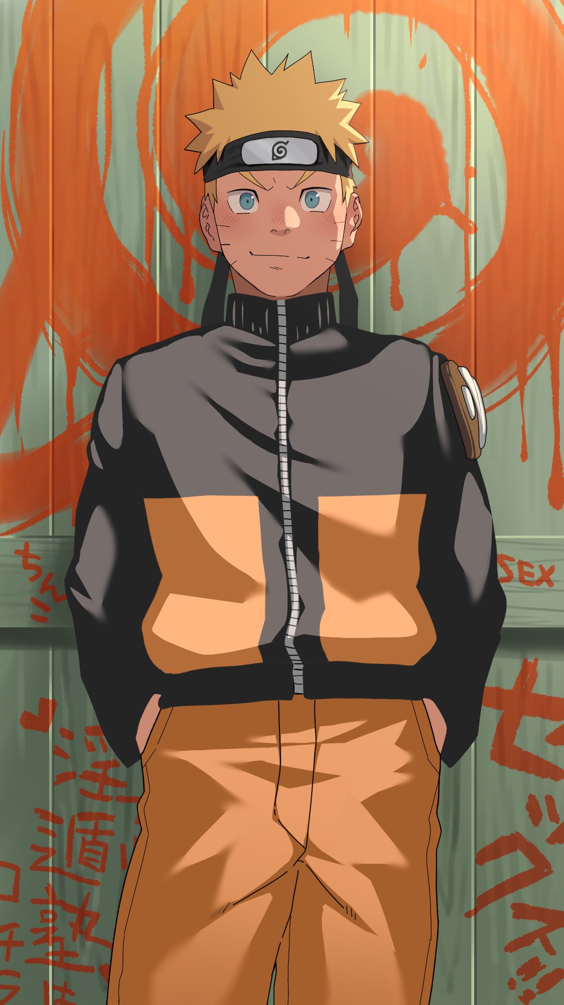 1boy black_jacket blonde_hair blue_eyes blush closed_mouth facial_mark forehead_protector hands_in_pockets highres jacket looking_at_viewer male_focus multicolored_clothes multicolored_jacket naruto naruto_(series) naruto_shippuuden orange_jacket orange_pants pants shiba_yuuji short_hair smile solo spiky_hair uzumaki_naruto whisker_markings