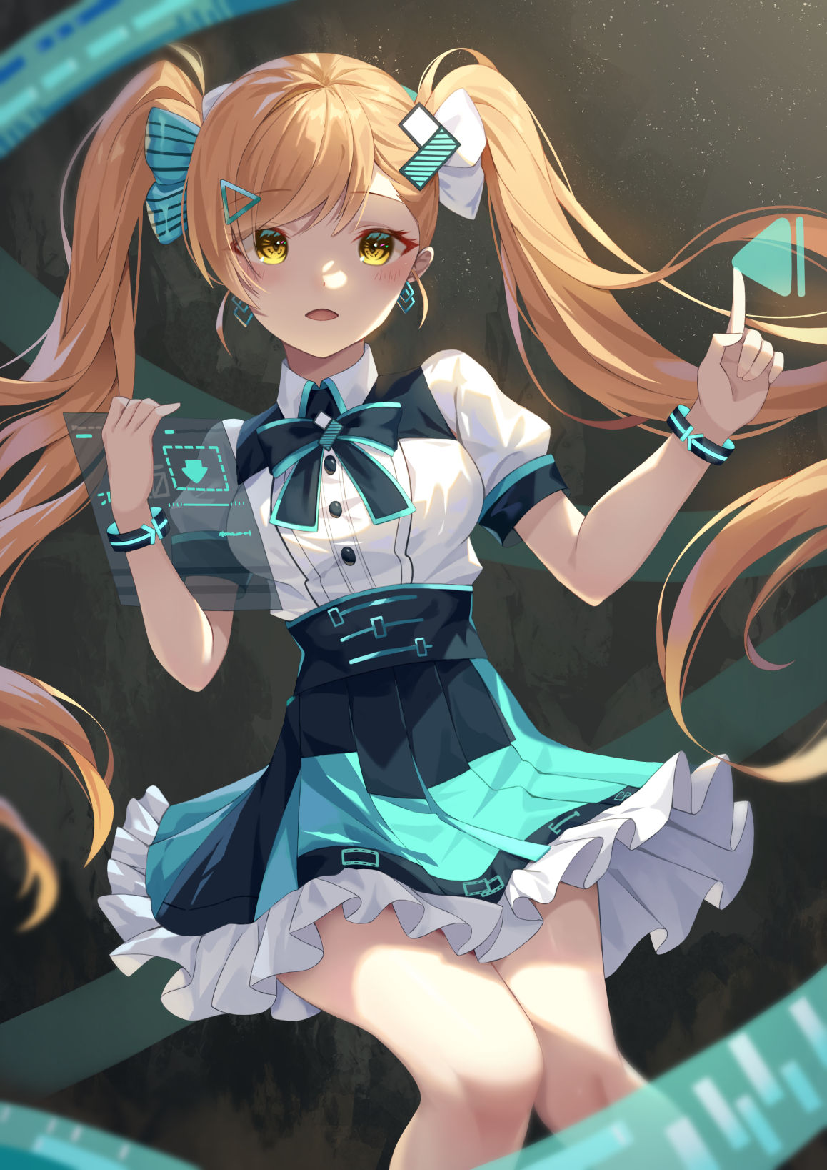 1girl bow bowtie bracelet breasts buttons calder_(pixiv3698273) collared_shirt commentary earrings feet_out_of_frame frilled_skirt frills green_bow green_bowtie green_ribbon green_skirt hair_ornament hair_ribbon hairclip hands_up highres holding irodori_mora jewelry light_brown_hair long_hair looking_at_viewer medium_breasts open_mouth pointing pointing_up puffy_short_sleeves puffy_sleeves ribbon shirt short_sleeves skirt solo twintails very_long_hair virtual_youtuber white_ribbon white_shirt wondershare_filmora yellow_eyes