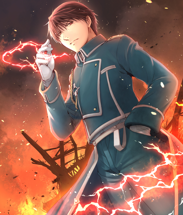 1boy aiguillette alchemy alternate_eye_color amestris_military_uniform black_hair blue_jacket blue_pants burnt buttons clear_sky closed_mouth collared_jacket cowboy_shot double-breasted dutch_text electricity embers fire flame frown fullmetal_alchemist gloves hair_between_eyes hand_in_pocket hand_up jacket looking_at_viewer looking_down male_focus military military_jacket military_uniform night night_sky outdoors pants red_eyes roy_mustang ruins serious shade silver_trim sky smoke snapping_fingers spiky_hair tsuki_oto_sena tsurime uniform white_gloves