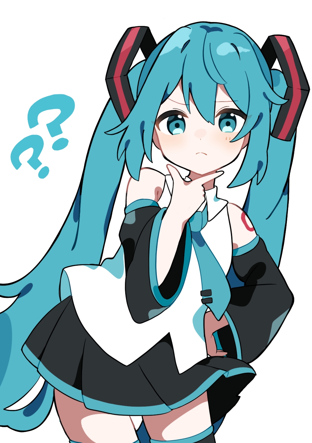 1girl ? ?? aqua_eyes aqua_hair aqua_necktie bare_shoulders black_skirt black_sleeves blush collared_shirt commentary contrapposto cowboy_shot detached_sleeves dot_nose frown furrowed_brow hair_ornament hand_on_own_chin hand_on_own_hip hatsune_miku highres light_blush long_hair looking_at_viewer necktie pleated_skirt shirt simple_background skirt solo stroking_own_chin symbol-only_commentary thigh-highs thighs twintails uon_shil very_long_hair vocaloid white_background white_shirt