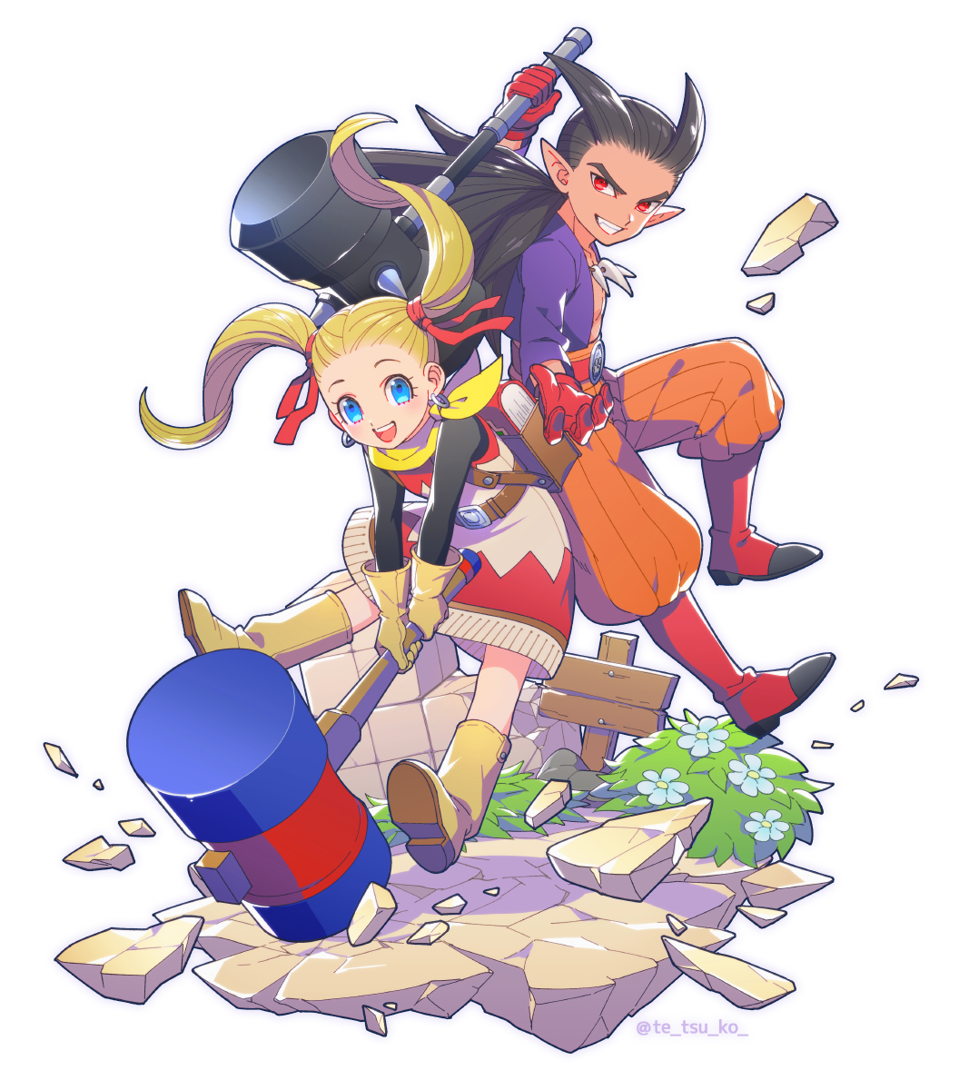 1boy 1girl :d backpack bag belt black_hair blonde_hair blue_eyes book boots dragon_quest dragon_quest_builders_2 dress earrings female_builder_(dqb2) flower fringe_trim full_body gloves grin hair_ribbon hammer highres holding holding_hammer jewelry left-handed long_hair looking_at_viewer necklace open_mouth orange_pants pants pointy_ears ponytail purple_shirt red_eyes red_footwear red_gloves red_ribbon ribbon scarf shirt sidoh_(dqb2) simple_background smile tetsukuzu_tetsuko tooth_necklace twintails twitter_username white_background yellow_footwear yellow_scarf