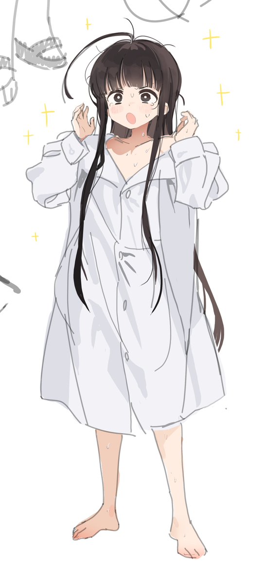 1girl ahoge barefoot black_eyes black_hair blush borrowed_character full_body genderswap genderswap_(mtf) huge_ahoge long_hair naked_shirt open_mouth original oversized_clothes seicoh shirt sketch solo sparkle surprised sweat sweating_profusely very_long_hair white_shirt