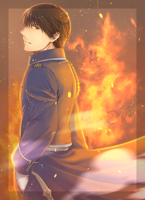 1boy black_hair blue_jacket closed_mouth collared_jacket facing_to_the_side fire fullmetal_alchemist gloves hand_in_pocket jacket light_particles looking_at_viewer male_focus military_jacket outline roy_mustang short_hair solo tsuki_oto_sena upper_body white_gloves
