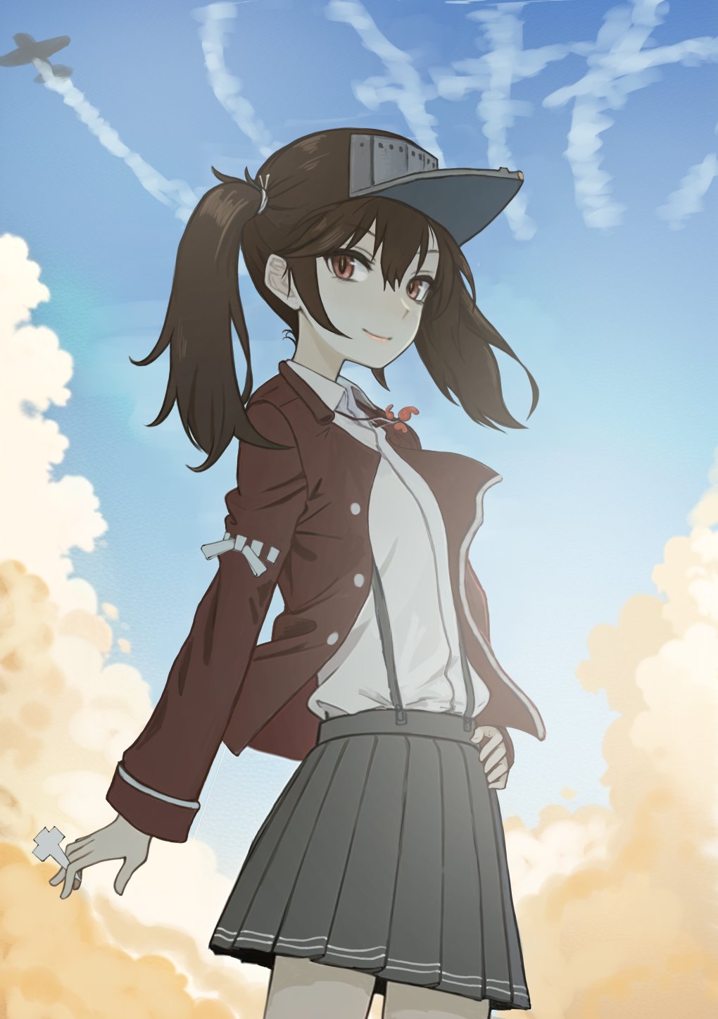 1girl aircraft airplane between_fingers blue_sky brown_eyes brown_hair brown_jacket closed_mouth clouds collared_shirt commentary_request contrail day dress_shirt grey_headwear grey_skirt hair_between_eyes hand_on_own_hip highres holding jacket jewelry kantai_collection long_sleeves magatama magatama_necklace necklace nito_(nshtntr) open_clothes open_jacket outdoors pleated_skirt ryuujou_(kancolle) shikigami shirt skirt sky smile solo suspender_skirt suspenders twintails visor_cap white_shirt