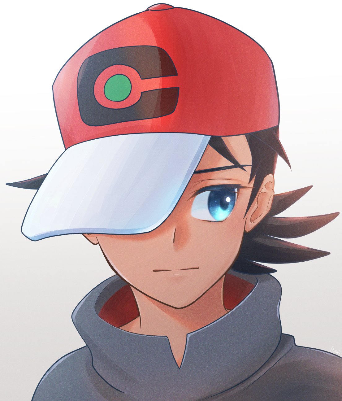 1boy black_hair blue_eyes closed_mouth goh_(pokemon) grey_shirt hat high_collar highres male_focus medium_hair pokemon pokemon_(anime) pokemon_journeys portrait print_headwear red_headwear rei_hinketsu shirt sideways_glance simple_background solo white_background