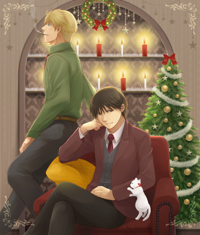 2boys armchair black_pants blonde_hair candle cat chair christmas christmas_ornaments christmas_tree coat collared_shirt crossed_legs facing_to_the_side formal fullmetal_alchemist green_shirt grey_sweater_vest hand_on_own_face jean_havoc leaning_on_object long_sleeves looking_at_viewer looking_to_the_side male_focus mistletoe multiple_boys necktie pants red_coat red_necktie red_suit roy_mustang shelf shirt smoking suit sweater_vest tsuki_oto_sena white_cat