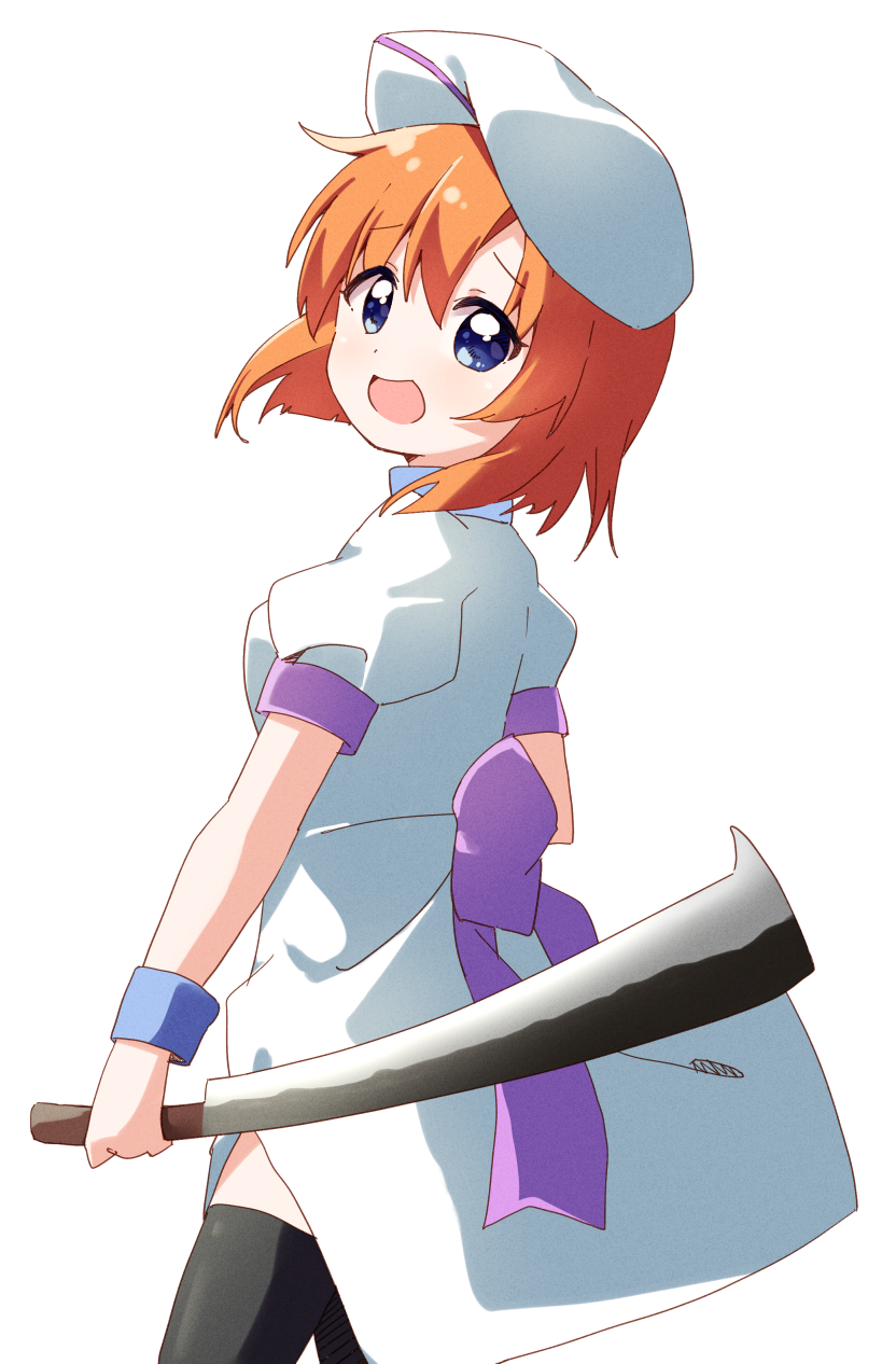 1girl :d black_thighhighs blue_eyes brown_hair cleaver commentary_request cowboy_shot dress from_side hair_between_eyes haru_(konomi_150) hat highres higurashi_no_naku_koro_ni looking_at_viewer looking_to_the_side nata_(tool) open_mouth puffy_short_sleeves puffy_sleeves ryuuguu_rena short_hair short_sleeves simple_background smile solo thigh-highs white_background white_dress white_headwear wristband