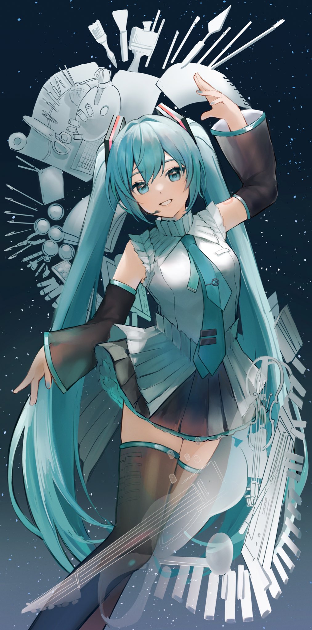 1girl aqua_eyes aqua_hair aqua_nails aqua_necktie arm_up bare_shoulders black_skirt black_sleeves black_thighhighs breasts commentary_request detached_sleeves hair_intakes hair_ornament hatsune_miku headphones headset highres long_hair looking_at_viewer medium_breasts microphone necktie number_tattoo open_hands parted_lips pleated_skirt shirt shoulder_tattoo skirt sleeveless sleeveless_shirt smile solo tananuki tattoo thigh-highs twintails very_long_hair vocaloid wide_sleeves zettai_ryouiki
