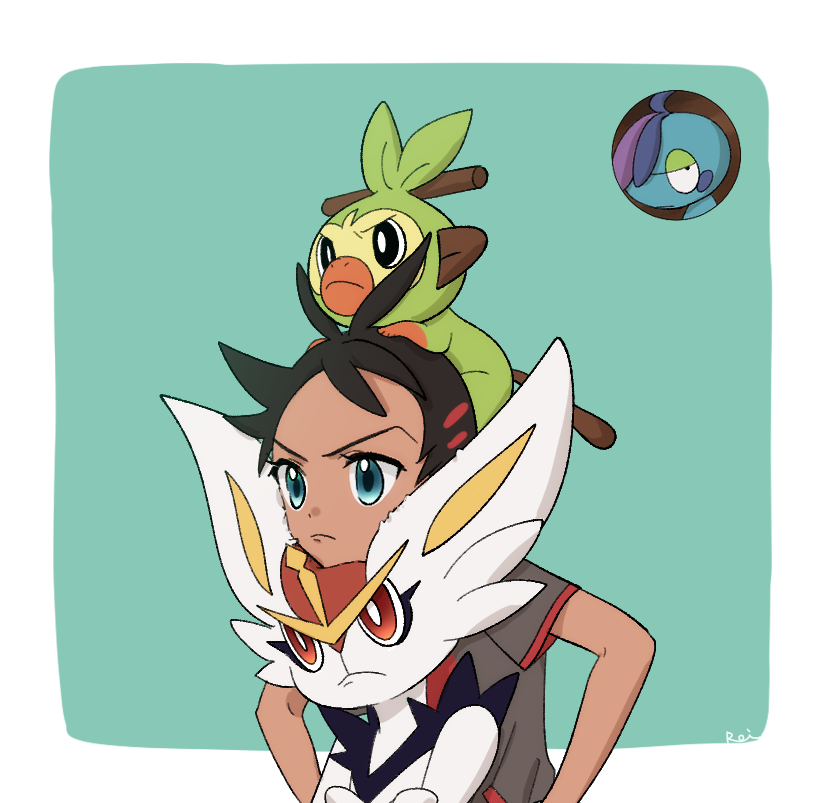 1boy aqua_eyes black_eyes black_hair border bright_pupils cinderace closed_mouth commentary_request drizzile frown goh_(pokemon) green_background grey_shirt grookey male_focus on_head pokemon pokemon_(anime) pokemon_(creature) pokemon_journeys pokemon_on_head rei_hinketsu shirt short_sleeves white_border white_pupils