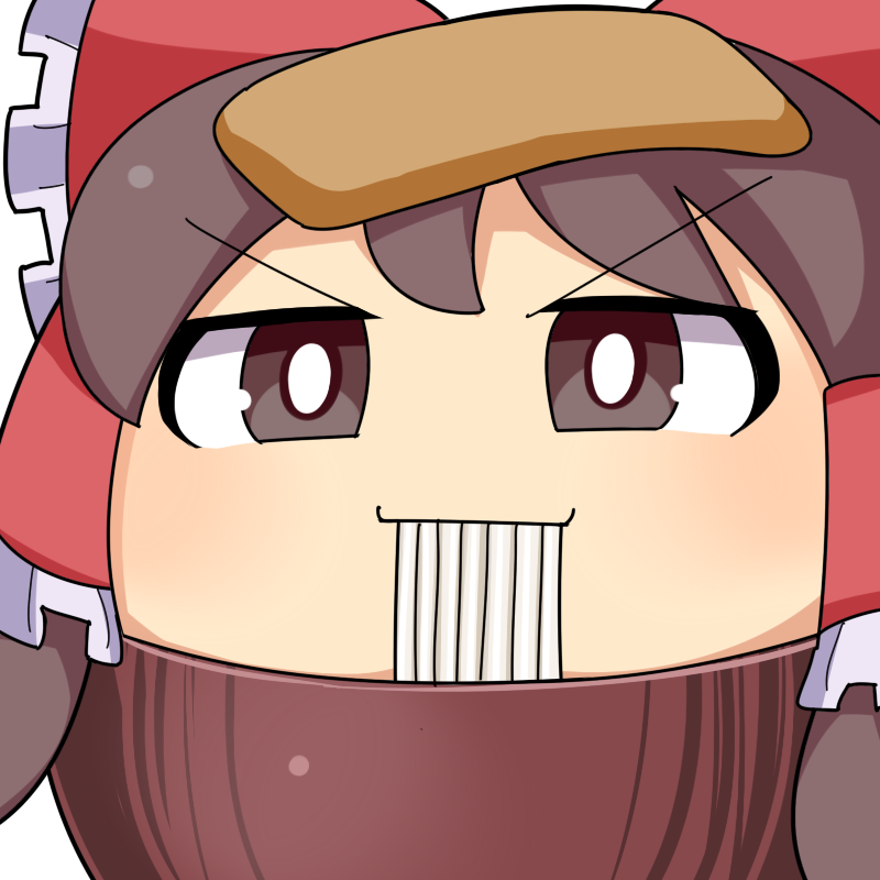 1girl blush bow bowl bright_pupils brown_eyes brown_hair closed_mouth commentary_request eating food frilled_hair_tubes frills hair_bow hair_tubes hakurei_reimu hospital_king in_bowl in_container looking_at_viewer medium_bangs noodles ramen red_bow simple_background smile solo touhou towel towel_on_head v-shaped_eyebrows white_background white_pupils yukkuri_shiteitte_ne