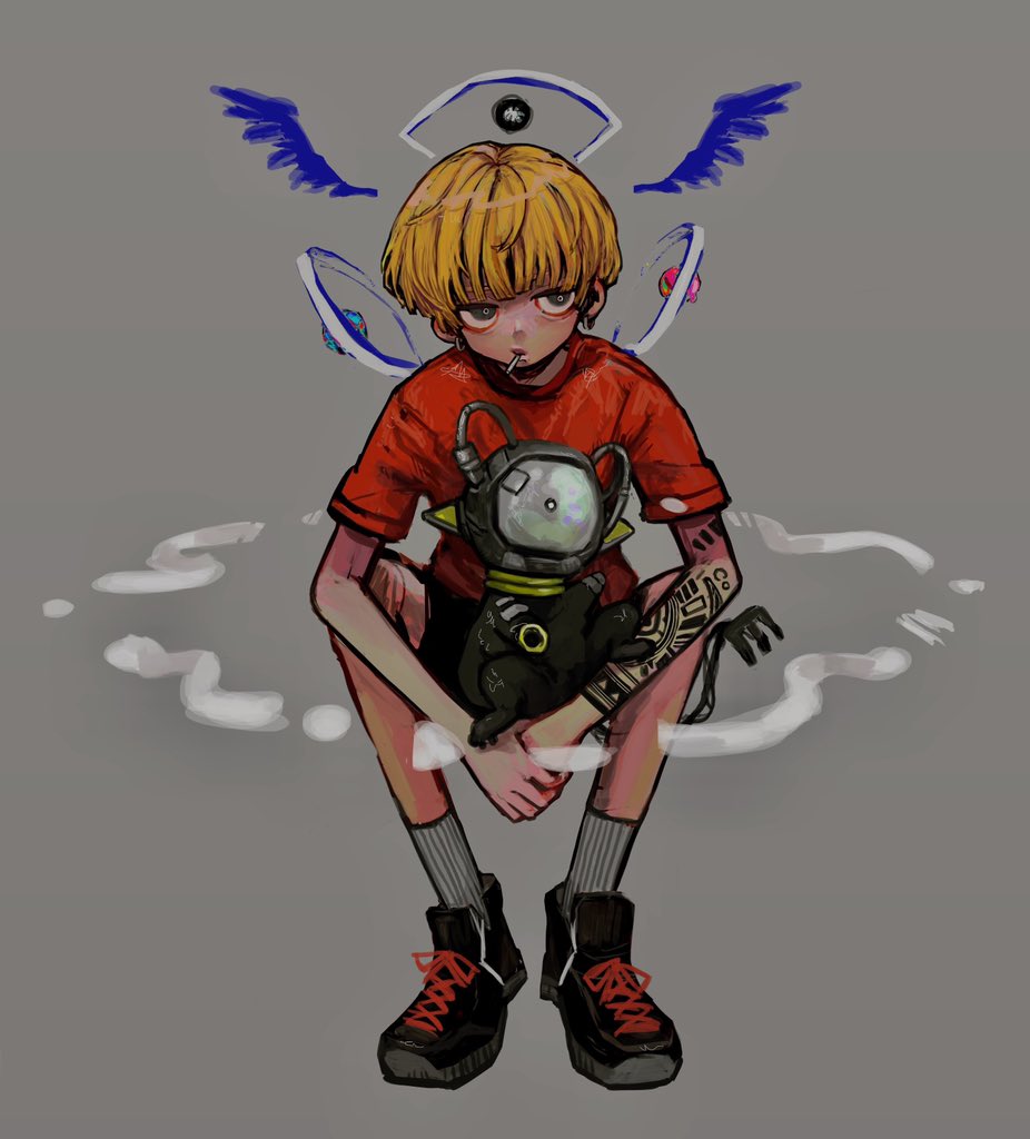 1boy arm_tattoo black_footwear blonde_hair blunt_bangs candy commentary creature drawn_wings earrings food full_body grey_background grey_eyes grey_socks jewelry lollipop looking_at_viewer mouth_hold original oshio_(shioqqq) own_hands_together red_shirt ribbed_socks shirt shoes short_hair short_sleeves shorts simple_background sitting socks solo symbol-only_commentary t-shirt tattoo