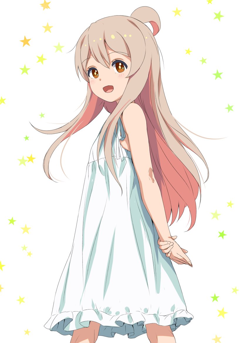 1girl ahoge bare_shoulders blush brown_eyes commentary_request dress feet_out_of_frame flat_chest genderswap genderswap_(mtf) grey_hair long_hair looking_at_viewer multicolored_hair onii-chan_wa_oshimai! open_mouth own_hands_together oyama_mahiro pink_hair sketch smile sody solo starry_background sundress two-tone_hair white_dress